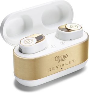 Devialet Gemini II Opéra de Paris vezeték nélküli fejhallgató, fehér és arany színben, hozzá illő töltőtokkal, elölnézeti és oldalnézeti kép