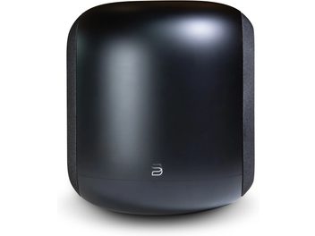 BlueSound PULSE SUB SW200 black subwoofer, front view with central logo and fabric grille sides