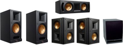 Klipsch RB-81 højttalerpakke bestående af 2 gulvhøjttalere, 2 reolhøjttalere og 1 centerhøjttaler, i sort finish, set forfra