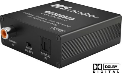 Wyrestorm EXP-CON-DAC-D fekete DAC audio átalakító, elölnézetből, koaxiális és optikai csatlakozókkal, valamint előlapi választókapcsolóval