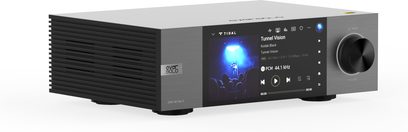 Мережевий аудіоплеєр EverSolo DMP-A6 Gen 2, прямокутний корпус, передня панель з матового металу, кольоровий дисплей, обертовий регулятор справа