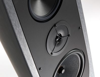 Enceinte colonne Rega Aya noire, vue rapprochée de face sur le haut-parleur médium-grave et le tweeter, finition laquée