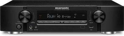 Marantz NR1403 sort hjemmebiografsforstærker, frontpanel, LCD-display "DOLBY HD B-ray", kontrolknapper og -hjul