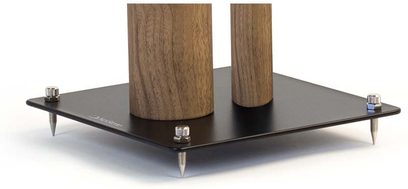 Högtalarbas Norstone Design Stylum 2 ek, svart/ek-finish, ovanifrån, svart fyrkantig topp, 2 cylindriska ben i ljust trä
