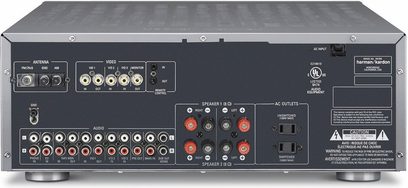 Hi-fi stereo zesilovač Harman Kardon HK 3380 v metalicky šedé barvě, pohled zepředu a shora s konektory a ovládacími prvky