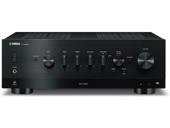 Ampli hi-fi stereo Yamaha R-N1000A černý, pohled zepředu, tlačítka a konektory na předním panelu, 2 boční ovládací knoby
