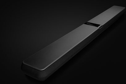 Bowers & Wilkins Panorama 3 black soundbar, three-quarter front view, elongated rectangular shape with acoustic grille