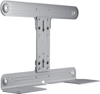 Suporte de TV de parede Samsung WMN300SB/ZF em metal cinzento, vista frontal e lateral, com braço articulado e placa de parede retangular