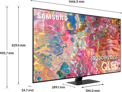 Telewizor Samsung QE65Q80B 2022 QLED, płaski prostokątny ekran wyświetlający abstrakcyjny kolorowy obraz, widok z przodu