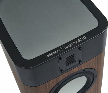 Reprosoustava Elipson Legacy 3210 v ořechovém provedení, pohled shora, kovová mřížka, ovládací tlačítka a logo na horní straně