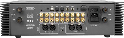 Hi-fi stereo forstærker Atoll Electronique IN400 Evolution sort, bagside, forgyldte RCA-stik, XLR-porte, USB, optiske, koaksiale, laterale køleplader, strømstik