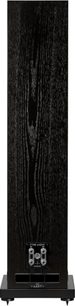 Diffusore da pavimento Fyne Audio F501S, vista posteriore, impiallacciatura in legno nero venato, morsetti doppi, condotto reflex a fessura, base con punte