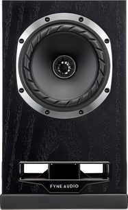 Fyne Audio F5S boghøjttaler i sort ask, træfinér kabinet, set forfra, koaksialenhed, frontvendt basrefleksport