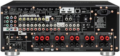 Pioneer SC-LX76 sort hjemmebiografsforstærker, bagside, mange lyd/video-stik, HDMI-porte, antenne, højttalerstik