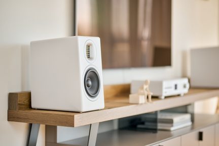 Altavoz de biblioteca blanco visto de frente en estante de madera, altavoz negro, tweeter de cúpula
