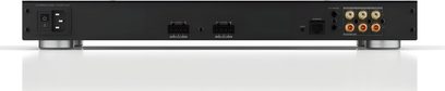 Amplificator de putere Bowers & Wilkins CDA-4D negru din metal, vedere din spate, priză IEC, RJ45, borne, mini-jack, 8 RCA