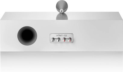 Bowers & Wilkins HTM71 S3 satijnen witte middenluidspreker, vooraanzicht en bovenaanzicht, met zwarte luidspreker en aansluitingen aan de achterkant