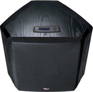 Klipsch RT-12d sort baskabin, frontvisning indvendigt, rilleformet trækegleformet, blåt digitalt display