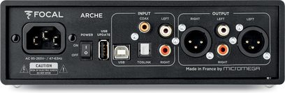 Focal Arche hovedtelefon-forstærker, sort frontpanel med tilslutninger, knapper og indikatorer, frontvisning på sort baggrund