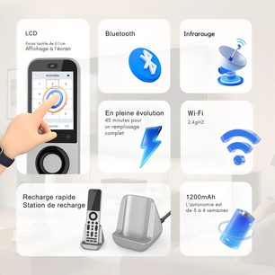 Hõbedane hi-fi kaugjuhtimispult Sofabaton X2 puuteekraani, keskmise juhtketta ja laadimisjaamaga￼