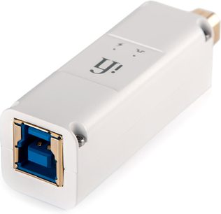 iFi Audio iPurifier3 USB-A hvid tilbehør, blå USB-A hun-stik, set forfra og fra siden