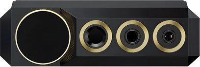 Reproductor de audio hi-fi FiiO M27 visto de lado, rueda de volumen dorada y tres salidas de auriculares con aro dorado
