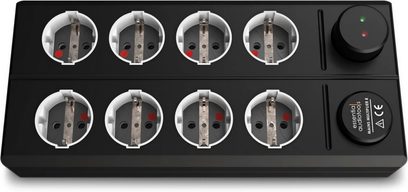 Sort strømskinne EAT Essential Audio Tools MM8, 8 Schuko-stik, 2 IEC-stik, røde indikatorlamper, rektangulært kabinet