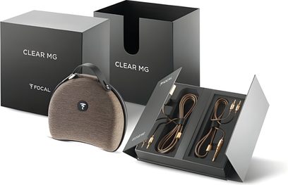 Căști hifi deschise Focal Clear MG, transductoare vizibile, bandă pentru cap și pernuțe din piele maro, carcasă neagră lucioasă