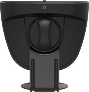Černý reproduktor Klipsch RSM-650, detailní pohled zepředu, kruhová černá mřížka, dva montážní otvory, zaoblené obrysy