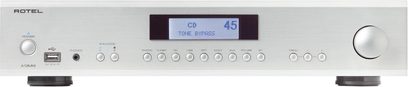 Amplificatore hi-fi stereo Rotel A12 MKII argento, vista frontale, display LCD blu che indica "CD TONE BYPASS 45", pulsanti e prese