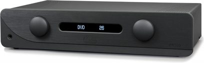 Atoll Electronique PR300 Evolution -stereoesivahvistin musta, etunäkymä, 2 pyöreää painiketta, keskellä näyttö, jossa lukee "DVD 26"