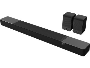 Soundbar Klipsch Flexus Core 200 nera con due diffusori surround Surr 100 compatti abbinati
