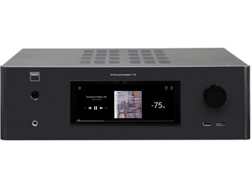 Widok z przodu amplitunera kina domowego NAD T778, wyświetlacz "-75 dB", porty USB i HDMI, przyciski sterujące, czarna, prostokątna obudowa