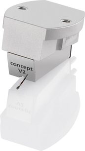 Børstet aluminiums vinylpickup Concept V2 med tonearmen monteret på en hvid base