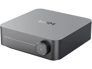 Amplificatore hi-fi integrato stereo WiiM AMP grigio scuro con chassis rettangolare dagli angoli arrotondati, pulsante circolare sul frontale