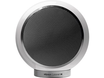 Diffusore compatto Elipson Planet M bianco laccato, vista frontale, griglia nera circolare su cabinet bianco sferico