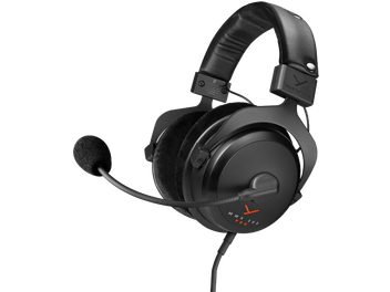 Cască gaming cu microfon Beyerdynamic MMX 300 PRO, vedere laterală, pernițe negre, bandă de susținere căptușită, microfon flexibil