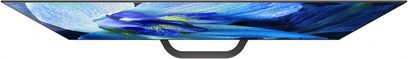 Sony KD-55AG8 OLED-tv, profilvisning, ultratyndt fladskærm, abstrakt blåt og grønt billede vist