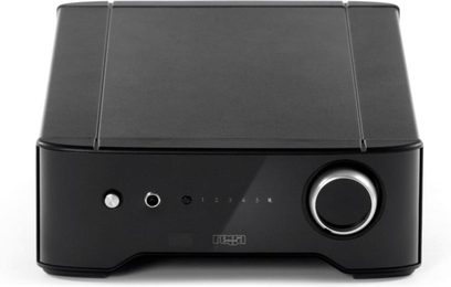 Rega Brio sort hi-fi stereforstærker, set forfra, sort front med drejeknap og hovedtelefonstik til højre