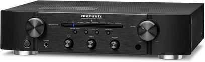 Marantz PM6007 svart hi-fi stereoanlegg, frontvisning, svart frontpanel med knapper og kontakter, blå skjerm i midten