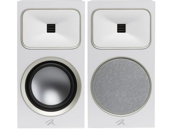 Enceinte bibliothèque MartinLogan Foundation B2 blanc mat, vue de face et de côté, tweeter, woofer, grille amovible