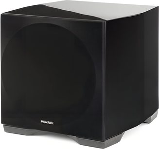 Cassa acustica Paradigm Defiance S10 nero, cabinet laccato, griglia frontale, piedi in plastica grigia, vista 3/4 anteriore destra