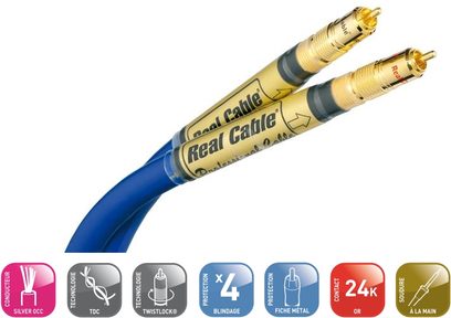RCA-lydkabel Real Cable TOPAZE 1 m, blå, forgyldte stik, på hvid baggrund, let buet visning