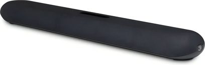 BlueSound Pulse Cinema Mini lydbar i sort, mesh-stof, afrundede ender, øvre spalte, trekvartsvisning