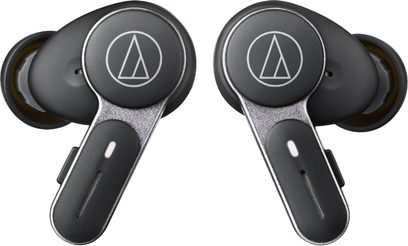 ATH-TWX7 in-ear hovedtelefoner sort, set forfra, 2 øretelefoner med hvidt logo, silikonepropper, glat overflade