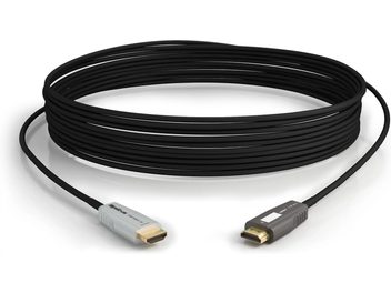 HDMI kabel Wyrestorm CAB-HAOC-50-C černý, pohled zepředu, spirálovitě stočený, stříbrné HDMI konektory na koncích