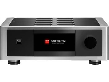 Προενισχυτής home cinema NAD M17 V2i, ανθρακί γκρι σασί, πρόσοψη με οθόνη, κουμπιά και συρτάρι, πολλές υποδοχές στο πίσω μέρος