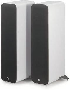 Set of 2 Q Acoustics M40 smart speakers in white, featuring a slim rectangular cabinet with a matte white finish and rounded corners, a black fabric front grille adorned with the Q logo, and metal decoupling spikes, shown in a slight three-quarter front view
