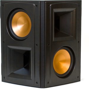 Klipsch RS-62 MkII højttaler i sort, tæt forfra, to runde, forgyldte højttalere i en mat sort kabinet