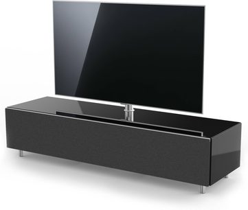 Blankt sort TV-møbel med glashylde, nedfældelig låge og integreret TV-stander på centralt metalben
